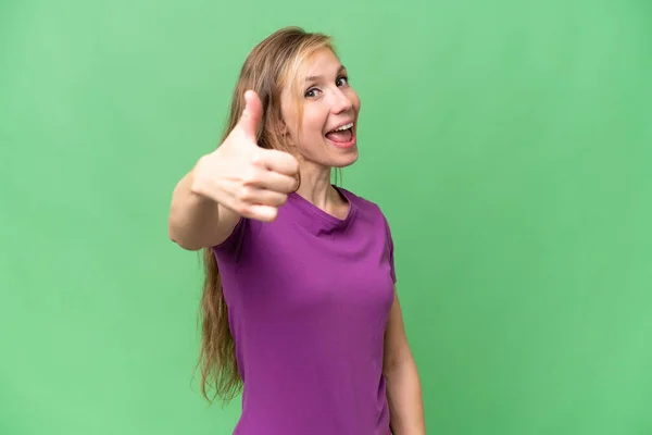 Jovem Loira Sobre Fundo Isolado Com Polegares Para Cima Porque — Fotografia de Stock