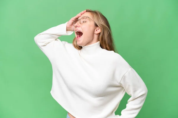 Ung Blond Kvinna Över Isolerad Bakgrund Ler Mycket — Stockfoto