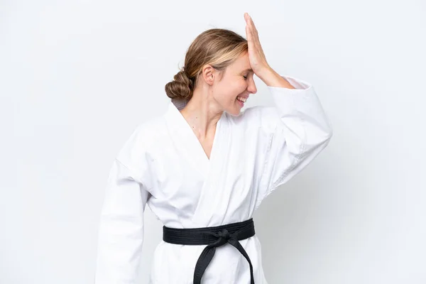 Joven Mujer Caucásica Haciendo Karate Aislado Sobre Fondo Blanco Dado — Foto de Stock