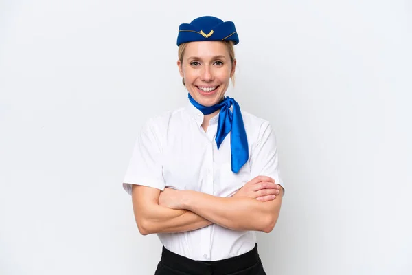白い背景に隔離された飛行機ブロンドスチュワーデス女性腕を保つ交差フロント位置 — ストック写真