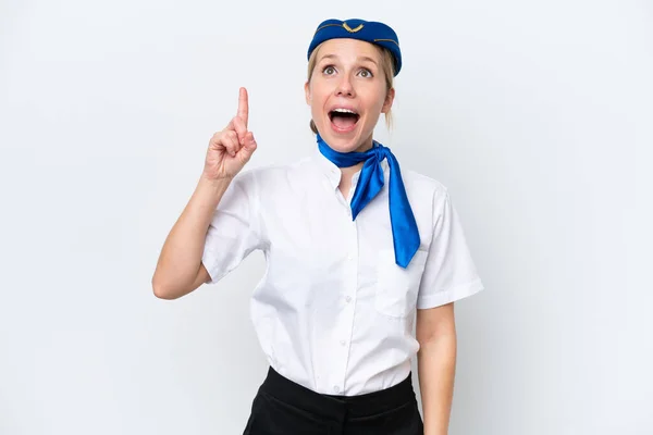 Flugzeug Blonde Stewardess Frau Isoliert Auf Weißem Hintergrund Zeigt Nach — Stockfoto