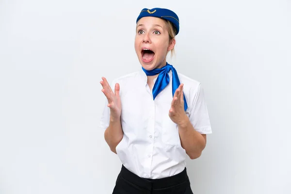 Vliegtuig Blonde Stewardess Vrouw Geïsoleerd Witte Achtergrond Met Verrassing Gezichtsuitdrukking — Stockfoto