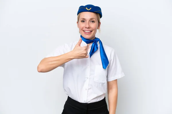 Αεροπλάνο Ξανθιά Αεροσυνοδός Γυναίκα Απομονωμένη Λευκό Φόντο Δίνοντας Αντίχειρες Προς — Φωτογραφία Αρχείου