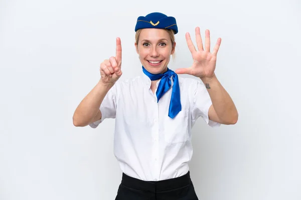 飛行機ブロンドスチュワーデス女性隔離上のホワイトバックカウント6とともに指 — ストック写真