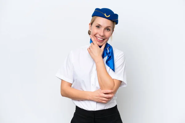 Αεροπλάνο Ξανθιά Αεροσυνοδός Γυναίκα Απομονωμένη Λευκό Φόντο Χαμογελώντας — Φωτογραφία Αρχείου