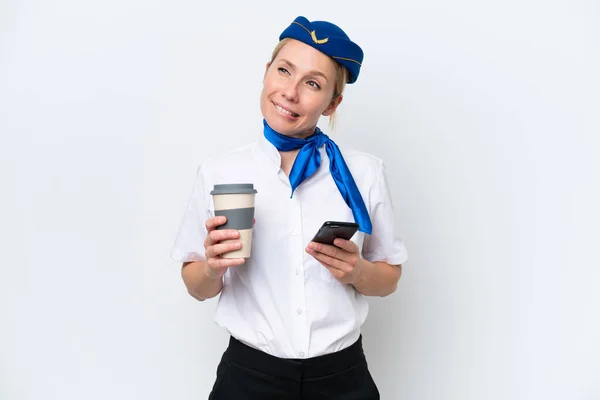 Avion Hôtesse Blonde Femme Isolée Sur Fond Blanc Tenant Café — Photo