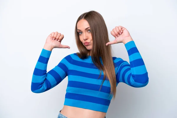 Mujer Joven Caucásica Aislada Sobre Fondo Blanco Orgullosa Satisfecha —  Fotos de Stock