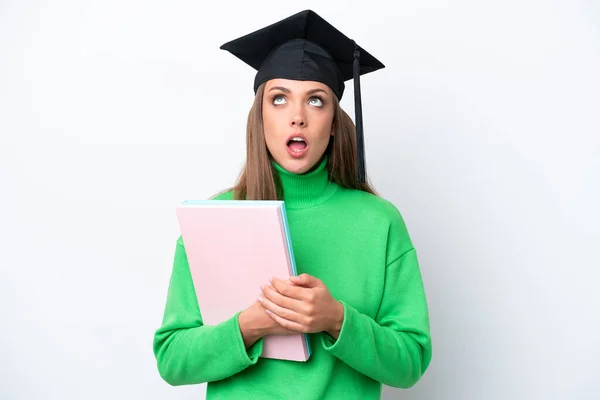 Young Student Caucasian Woman Isolated White Background Looking Surprised Expression — Stock Photo, Image