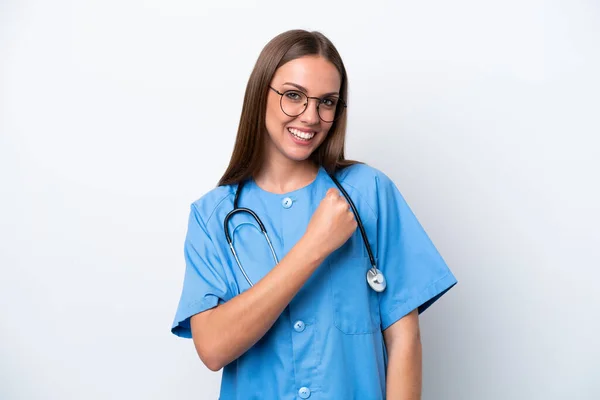Jonge Verpleegster Kaukasische Vrouw Geïsoleerd Witte Achtergrond Vieren Een Overwinning — Stockfoto