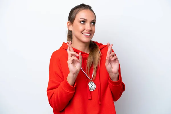 Mujer Joven Caucásica Con Medallas Aisladas Sobre Fondo Blanco Con —  Fotos de Stock