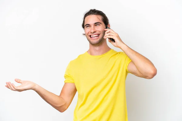 Caucasian Handsome Man Isolated White Background Keeping Conversation Mobile Phone — Stock Photo, Image