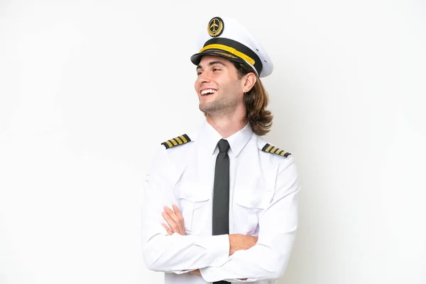 Przystojny Pilot Samolot Odizolowany Białym Tle Szczęśliwy Uśmiechnięty — Zdjęcie stockowe