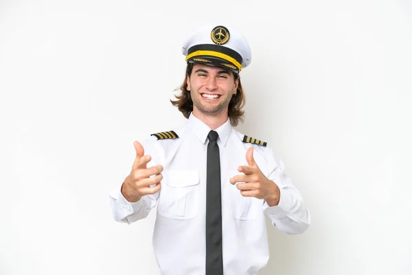 Przystojny Pilot Samolot Odizolowany Białym Tle Wskazując Przód Uśmiechnięty — Zdjęcie stockowe