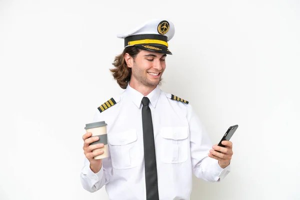 Handsome Airplane Pilot Isolated White Background Holding Coffee Take Away — Stock Fotó