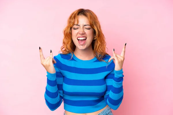 Young Caucasian Woman Isolated Pink Background Making Horn Gesture — Stock Photo, Image