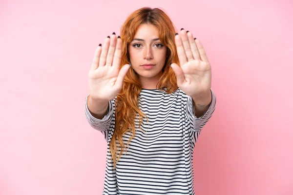Young Caucasian Woman Isolated Pink Background Making Stop Gesture Disappointed — Stock Photo, Image