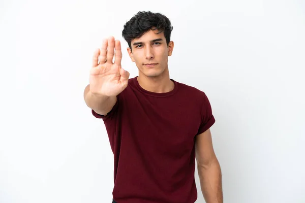 Jovem Argentino Isolado Fundo Branco Fazendo Parar Gesto — Fotografia de Stock