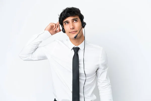 Telemarketer Man Working Headset Isolated White Background Having Doubts Confuse — Stock Photo, Image
