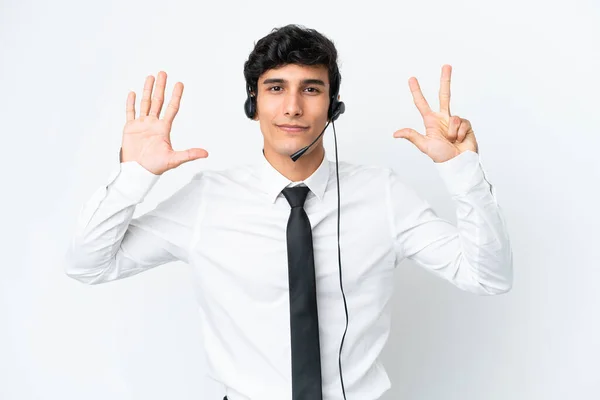 Telemarketer Άνθρωπος Που Εργάζονται Ένα Ακουστικό Απομονώνονται Λευκό Φόντο Καταμέτρηση — Φωτογραφία Αρχείου