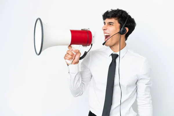 Telemarketer Man Working Headset Isolated White Background Shouting Megaphone — Foto de Stock