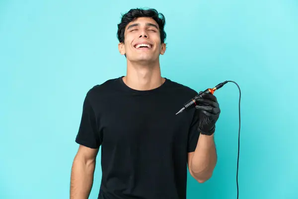 Tattoo Artist Argentinian Man Isolated Blue Background Laughing — Stok fotoğraf