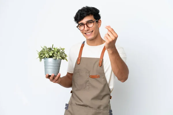 Κηπουρός Αργεντίνος Κρατώντας Ένα Φυτό Απομονωμένο Λευκό Φόντο Κάνοντας Χειρονομία — Φωτογραφία Αρχείου