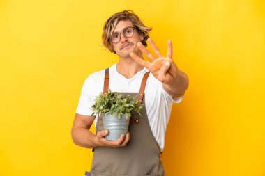 Bahçıvan sarışın adam sarı arka planda saklanmış bir bitki tutuyor mutlu ve parmaklarıyla dört tane sayıyor.