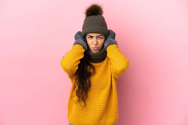 Young Caucasian Girl Winter Hat Isolated Purple Background Frustrated Covering — Stock Photo, Image