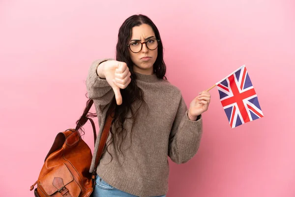 Young Caucasian Woman Holding United Kingdom Flag Isolated Pink Background — Stock fotografie