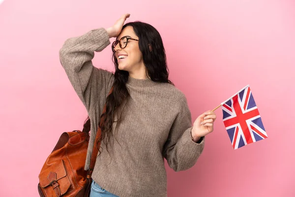 Young Caucasian Woman Holding United Kingdom Flag Isolated Pink Background — Stock Photo, Image