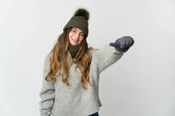 Young Caucasian Woman Winter Hat Isolated White Background Giving Thumbs — Zdjęcie stockowe