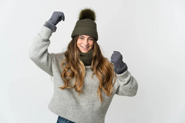 Young Caucasian Woman Winter Hat Isolated White Background Celebrating Victory — 스톡 사진