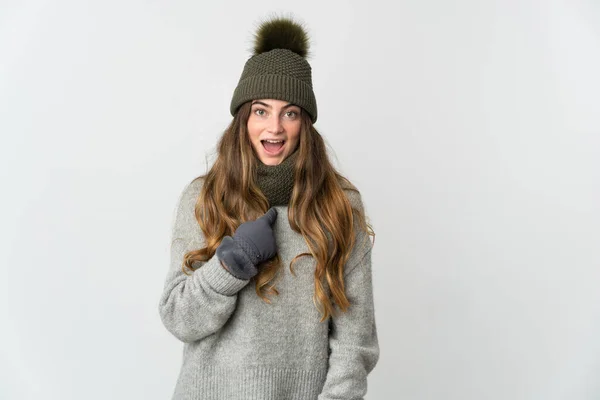 Young Caucasian Woman Winter Hat Isolated White Background Surprise Facial — Fotografia de Stock