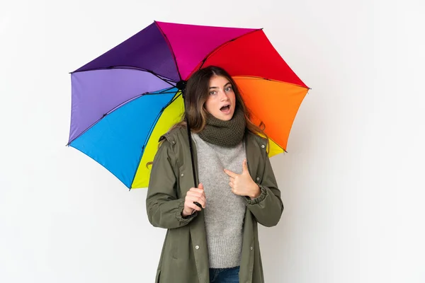 Young Caucasian Woman Holding Umbrella Isolated White Background Surprise Facial — Photo