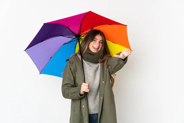 Young Caucasian Woman Holding Umbrella Isolated White Background Giving Thumbs — Foto de Stock