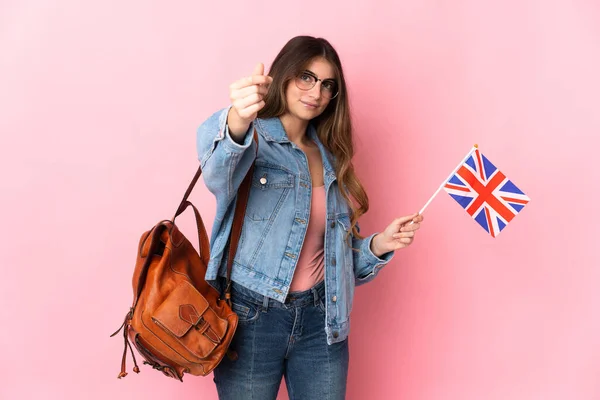 Junge Frau Mit Britischer Flagge Auf Rosa Hintergrund Macht Geld — Stockfoto