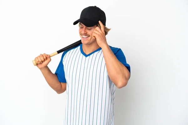 Mladý Blondýnka Muž Hraje Baseball Izolované Bílém Pozadí Smíchem — Stock fotografie