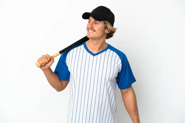 Young Blonde Man Playing Baseball Isolated White Background Looking Side — Photo