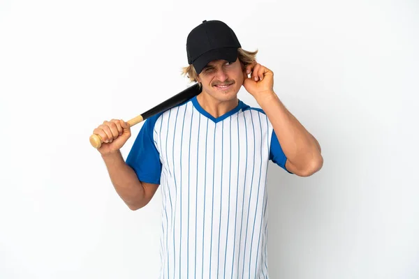Mladý Blondýny Muž Hraje Baseball Izolované Bílém Pozadí Frustrovaný Zakrývá — Stock fotografie