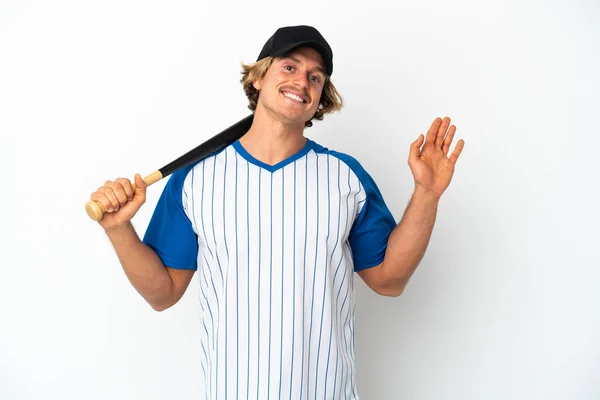 Ung Blond Man Spelar Baseball Isolerad Vit Bakgrund Hälsning Med — Stockfoto