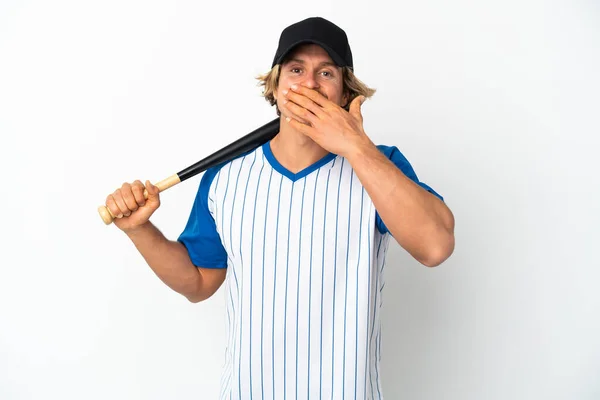 Junger Blonder Mann Spielt Baseball Isoliert Auf Weißem Hintergrund Glücklich — Stockfoto