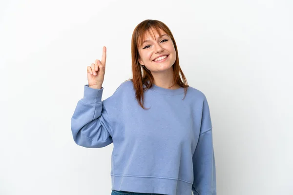 Redhead Girl Isolated White Background Showing Lifting Finger Sign Best — Stock Photo, Image