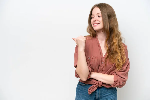 Jonge Mooie Vrouw Geïsoleerd Witte Achtergrond Wijzend Naar Zijkant Een — Stockfoto