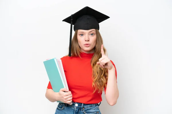 Young University Graduate Woman Isolated White Background Thinking Idea Pointing — Fotografia de Stock