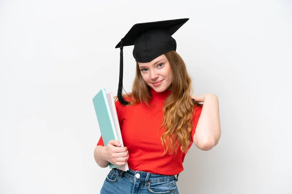 Jovem Universitária Graduada Mulher Isolada Fundo Branco Rindo — Fotografia de Stock