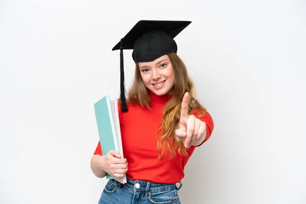 Jovem Universitária Graduada Mulher Isolada Fundo Branco Mostrando Levantando Dedo — Fotografia de Stock