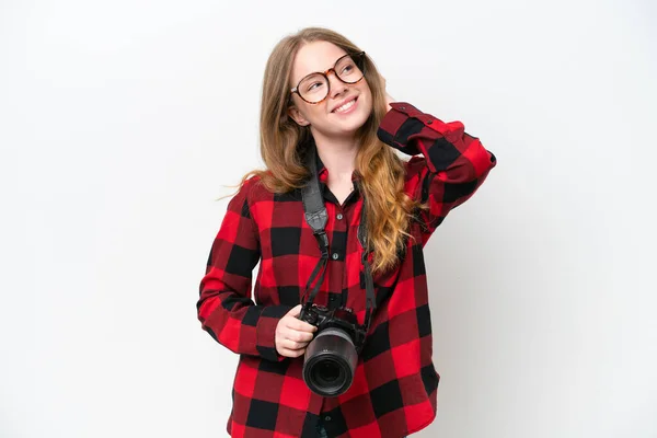 Joven Fotógrafa Bonita Mujer Aislada Sobre Fondo Blanco Pensando Una —  Fotos de Stock