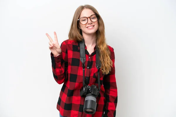 Giovane Fotografo Bella Donna Isolata Sfondo Bianco Sorridente Mostrando Segno — Foto Stock