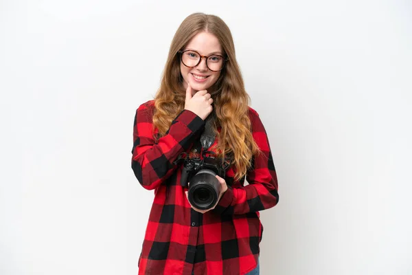 Jeune Photographe Jolie Femme Isolée Sur Fond Blanc Avec Lunettes — Photo