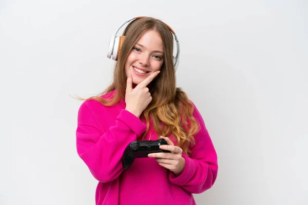 Jovem Mulher Bonita Jogando Com Controlador Videogame Isolado Fundo Branco — Fotografia de Stock